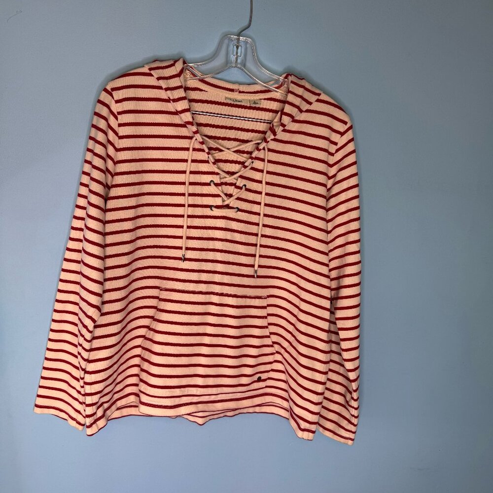Red and Cream Striped Cotton Pullover Hoodie with Lacing - L - Picture 2 of 9